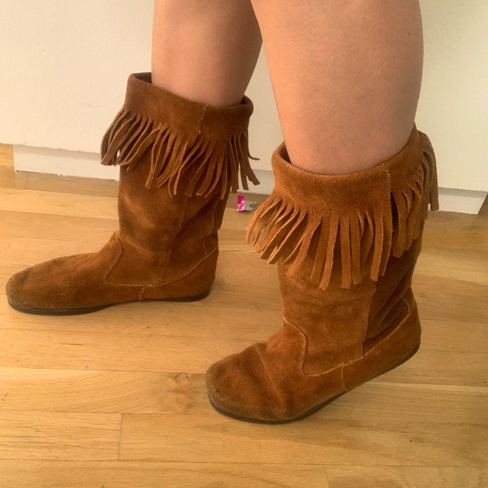 Mid calf slouchy moccasin fringe boots